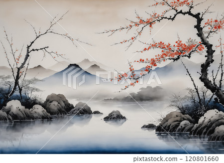 "AI-generated image" of a tree with red and white leaves standing on the edge of a large pond and mountains in the distance "AI-generated image" of a tree with red and white leaves standing on the edge of a large pond and mountains in the distance 120801660