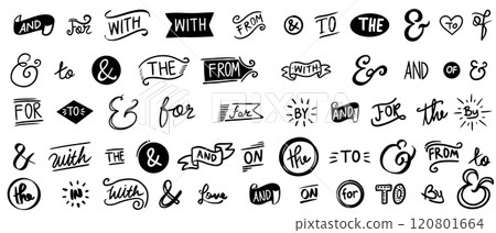 Hand drawn design elements set of ampersands and catchwords. vintage doodle ampersands, ribbon, catchwords, calligraphy. vector illustration. 120801664