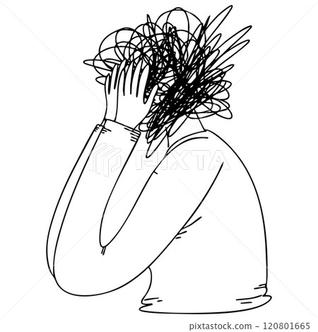 hand drawn confusion concept. people with anxiety are surrounded by thoughts Mental disorders and chaos in consciousness, find answers. vector illustration. 120801665