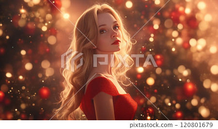 圣诞氛围中一名身穿紧身圣诞连衣裙的美丽女人插画 120801679