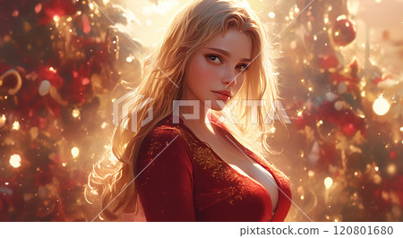 圣诞氛围中一名身穿紧身圣诞连衣裙的美丽女人插画 120801680