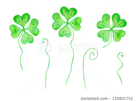 Set of quatrefoil clovers for good luck on St. Patrick's Day. Watercolor and marker illustrations. Hand drawn isolated sketch. Clipart of botanical spring petal for the holiday, lucky clover talisman. 120801752