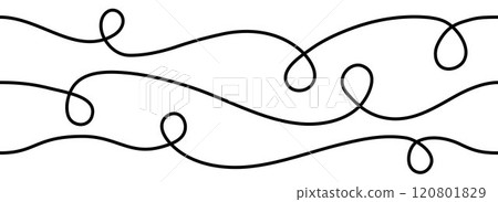 Seamless thin squiggle line set. Wavy wiggle stripe pattern collection. Curvy repeating thread or yarn lines for ornament, decor, separate, divider. Tangled squiggly linear doodle shapes. Vector 120801829