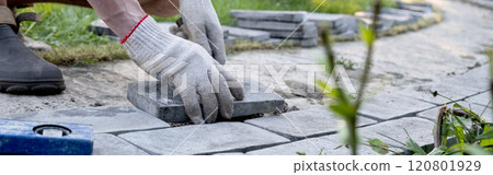 Laying paving stones on cement mortar. Laying a garden path made of tiles. Self-laying of concrete paving slabs in the courtyard of the house. do it yourself. DIY Laying paving stones on cement mortar. Laying a garden path made of tiles. Self-laying of concrete paving slabs in the courtyard of the house. do it yourself. DIY 120801929