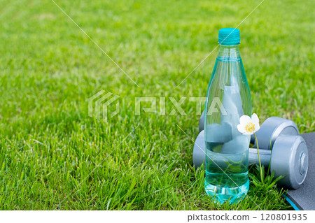 Bottle with water, dumbbells and a mat for sports and yoga on the green grass. Copy space Bottle with water, dumbbells and a mat for sports and yoga on the green grass. Copy space 120801935