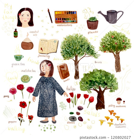 A girl favorite things: a book, essential oil diffuser, a tea, trees, flowers, mushrooms and a diary composition set. Isolated on white. Watercolor sketch illustrations great for tote bag, poster 120802027
