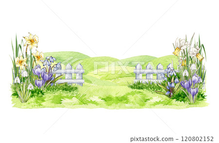 Spring landscape with green grass, blooming flowers and rolling hills. Hand painted watercolor illustration. Ideal for Easter background decor, seasonal cards and nature-themed countryside design Spring landscape with green grass, blooming flowers and rolling hills. Hand painted watercolor illustration. Ideal for Easter background decor, seasonal cards and nature-themed countryside design 120802152