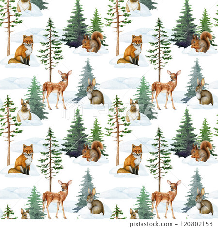 Winter season forest animals seamless pattern hand painted illustration. Winter time fox, squirrel, rabbit, reindeer animals in snow piles with conifer trees. Perfect for wildlife nature mood decor Winter season forest animals seamless pattern hand painted illustration. Winter time fox, squirrel, rabbit, reindeer animals in snow piles with conifer trees. Perfect for wildlife nature mood decor 120802153