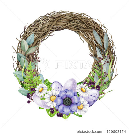 Easter festive floral wreath decor with painted eggs. Watercolor illustration. Rustic vintage style element Easter decoration. Springtime vine wreath decor in tender colors on white background 120802154