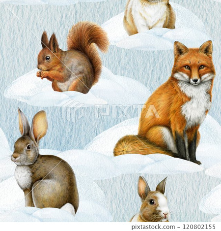Forest animals in winter nature scene seamless pattern. Hand drawn watercolor vintage style illustration. Winter season fox, bunny, squirrel animals on snowy ground. Perfect for winter mood design 120802155