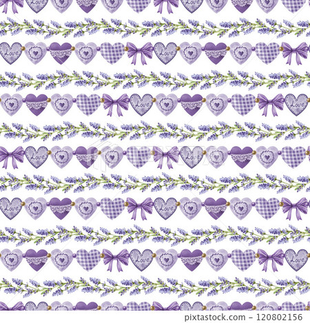 Seamless Valentines Day pattern from hand-painted vintage style watercolor hearts and lavender flowers in tender lavender tones. Perfect for romantic backgrounds, wedding decor and holiday designs 120802156