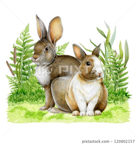 Cute bunny couple hand drawn watercolor illustration a on fresh green spring grass, in a charming vintage style. Perfect for Easter themes, greeting cards, seasonal festive decor and holiday projects Cute bunny couple hand drawn watercolor illustration a on fresh green spring grass, in a charming vintage style. Perfect for Easter themes, greeting cards, seasonal festive decor and holiday projects 120802157