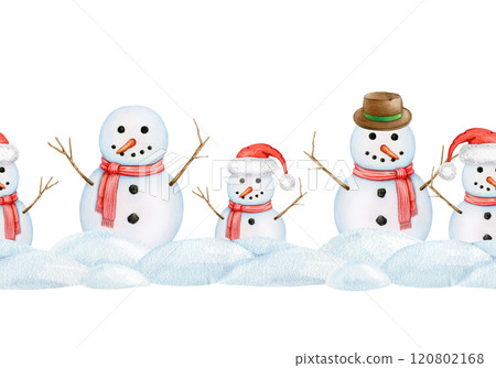 Cute funny snowmen in snow seamless border decor element on white background. Hand drawn illustration traditional winter outdoor decoration. Perfect for winter season mood design Cute funny snowmen in snow seamless border decor element on white background. Hand drawn illustration traditional winter outdoor decoration. Perfect for winter season mood design 120802168