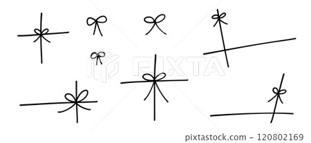 Gift bow ribbon. Illustration of thin strings tied in a crisscross pattern. Flat hand drawn vector illustration isolated on white background. 120802169