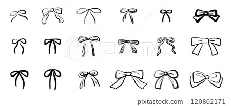 手繪插圖集蝴蝶結緞帶。各種形狀的絲帶或領結。手繪孤立在白色背景上 120802171
