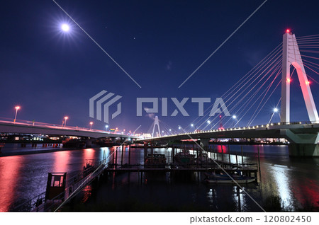 [Tokyo] A futuristic view of Daishi Bridge at night illuminated by moonlight 120802450