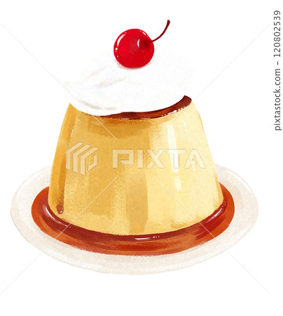 Hand-drawn illustration of retro pudding with whipped cream and cherries 120802539