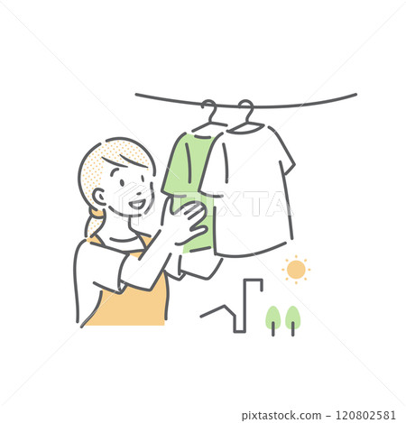 A young woman hanging out the laundry - simple and stylish line drawing illustration A young woman hanging out the laundry - simple and stylish line drawing illustration 120802581