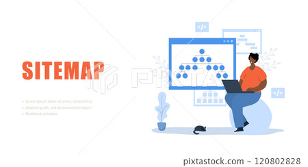 Sitemap creation concept. Website creation tool. SEO optimization. African Female developer with laptop. Vector illustration Sitemap creation concept. Website creation tool. SEO optimization. African Female developer with laptop. Vector illustration 120802828