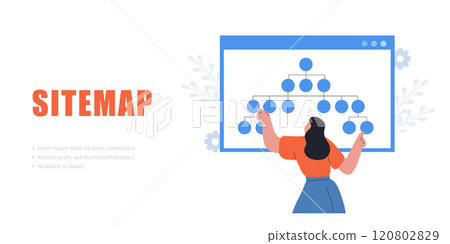 Sitemap Creation process. Online software and web page structure. Female Developer organizes site architecture. Vector illustration Sitemap Creation process. Online software and web page structure. Female Developer organizes site architecture. Vector illustration 120802829