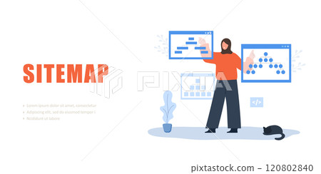 Sitemap concept. Arab Female Developer creation Strategy. Website SEO management. UX designer workflow. Vector illustration 120802840