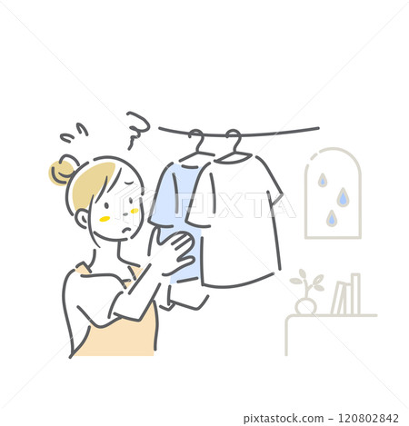 A young woman dissatisfied with drying laundry indoors. Simple and stylish line drawing illustration A young woman dissatisfied with drying laundry indoors. Simple and stylish line drawing illustration 120802842