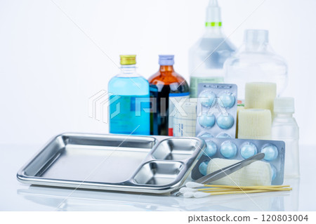 Medical equipment for treating infections. Wound care dressing set. Medical supplies for nurses. Conform bandage, forceps, cotton stick, alcohol. Sterile dressing materials. Healthcare equipment. 120803004