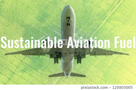 Sustainable aviation fuel concept. Net zero emissions flight. Sustainability transportation. Eco-friendly aviation fuel. Air travel. Future of flight with green innovation. Airplane use biofuel energy 120803005