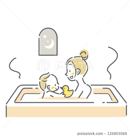 A young mother taking a bath with her baby. Simple and stylish line drawing illustration A young mother taking a bath with her baby. Simple and stylish line drawing illustration 120803088