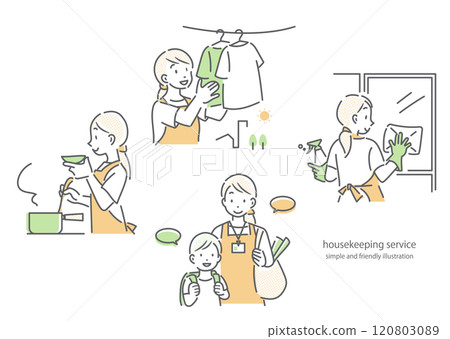 Female visiting helper job set: Simple and stylish line drawing illustrations 120803089