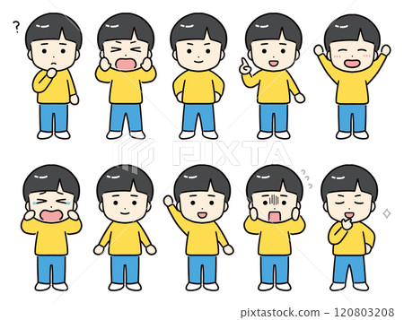 一組穿著黃色衣服的男孩的各種表情和姿勢 120803208
