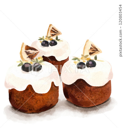 Hand drawn illustration of three small cakes 120803454