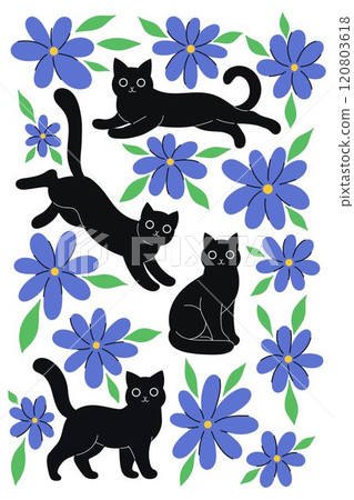 Postcard or poster with black cats and blue flowers. Vector graphics. 120803618
