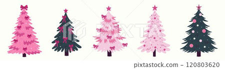 Collection of green and pink Christmas trees decorated with balls and bows. Vector graphics. 120803620