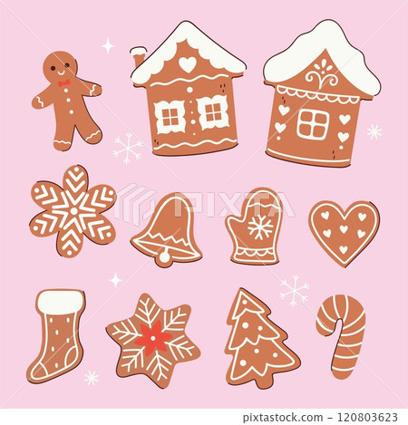 Set of Christmas gingerbread cookies of different shapes. Vector graphics. 120803623