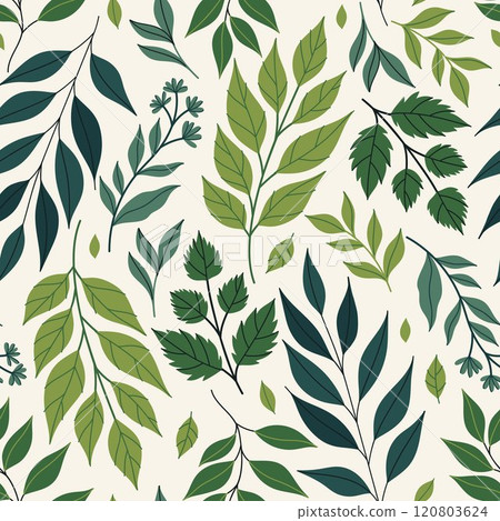 Seamless pattern with green leaves of different shapes on a white background. Vector graphics. Seamless pattern with green leaves of different shapes on a white background. Vector graphics. 120803624
