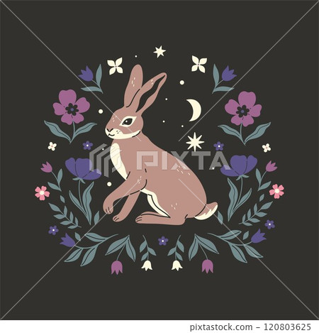Hare on a dark background and in a floral frame. Vector graphics. Hare on a dark background and in a floral frame. Vector graphics. 120803625