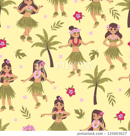 Seamless pattern with cute Hawaiian girls dancers. Vector graphics. 120803627