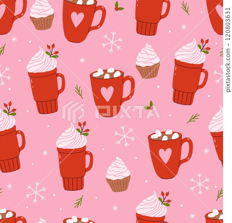 Seamless Christmas pattern with red mugs with winter drinks. Vector graphics. 120803631