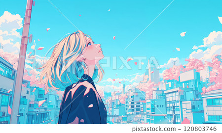 A woman looking up at the cherry tree A woman looking up at the cherry tree 120803746