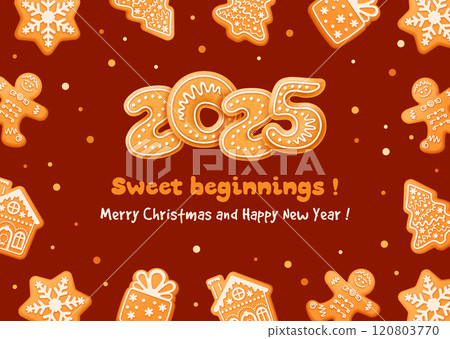Merry Christmas And Happy New Year Greeting Card With Gingerbread Cookies 120803770