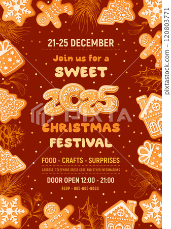 Merry Christmas And Happy New Year Party Poster Template With Gingerbread Cookies 120803771