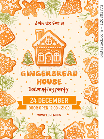 Merry Christmas And Happy New Year Party Poster Template With Gingerbread Cookies 120803772