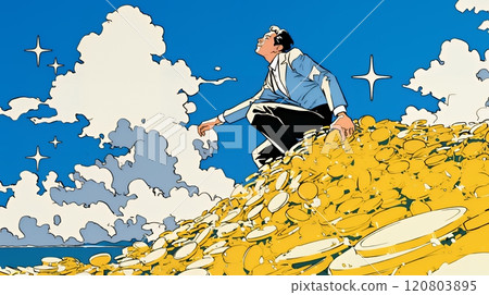 Winner of the Money Game: Represented as someone who has successfully reached the top of a mountain of gold coins Winner of the Money Game: Represented as someone who has successfully reached the top of a mountain of gold coins 120803895