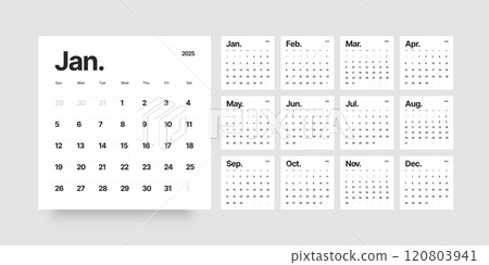 Monthly calendar for 2025 year. Starts on Sunday. Monthly calendar for 2025 year. Starts on Sunday. 120803941