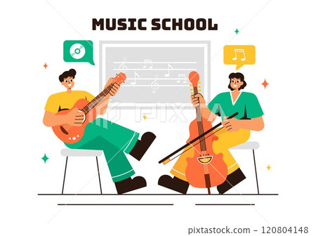 Music School Illustration Featuring Various Musical Instruments, Learning Music Education, and Performing as Musicians and Singers in a Background 120804148