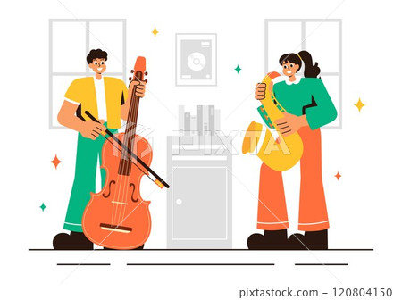 Music School Illustration Featuring Various Musical Instruments, Learning Music Education, and Performing as Musicians and Singers in a Background 120804150