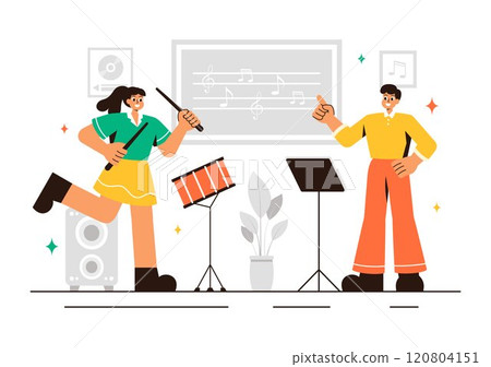 Music School Illustration Featuring Various Musical Instruments, Learning Music Education, and Performing as Musicians and Singers in a Background Music School Illustration Featuring Various Musical Instruments, Learning Music Education, and Performing as Musicians and Singers in a Background 120804151
