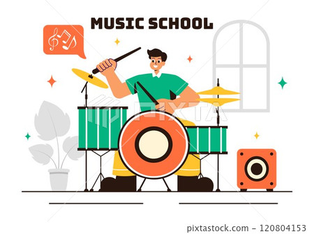 Music School Illustration Featuring Various Musical Instruments, Learning Music Education, and Performing as Musicians and Singers in a Background Music School Illustration Featuring Various Musical Instruments, Learning Music Education, and Performing as Musicians and Singers in a Background 120804153