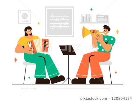 Music School Illustration Featuring Various Musical Instruments, Learning Music Education, and Performing as Musicians and Singers in a Background Music School Illustration Featuring Various Musical Instruments, Learning Music Education, and Performing as Musicians and Singers in a Background 120804154